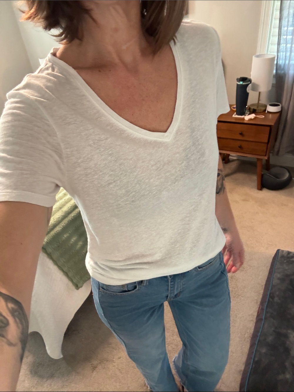 Athleta White V-Neck LINEN Short Sleeve Tee